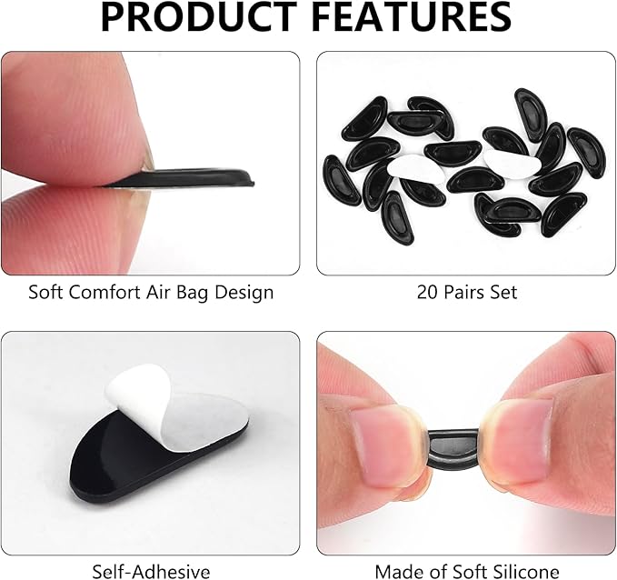 20 Pairs Eyeglass Nose Pads Stick On Silicone Anti-Slip for Glasses Sunglasses Thin Nose Pads Eyeglasses, Adhesive Nose Pad for Eyeglass, Anti Slip Eyeglass Nose Pads (10Clear+10Black)