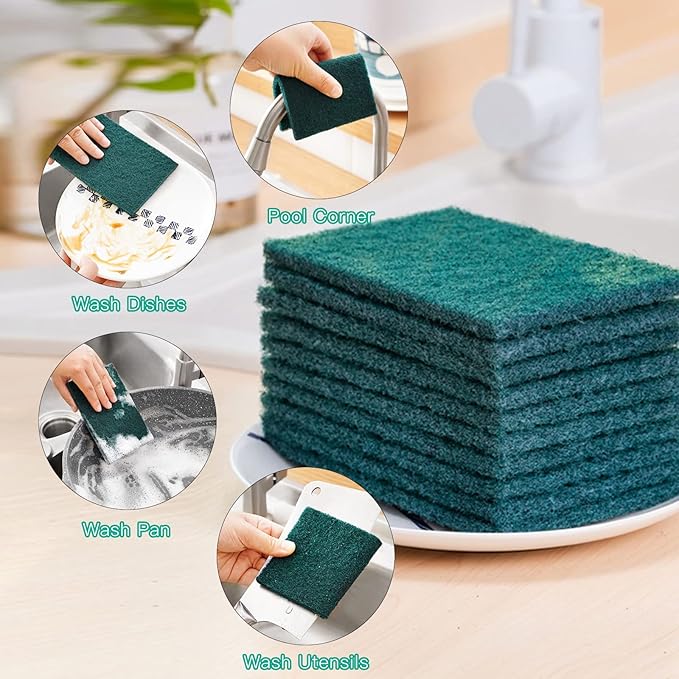 GUEICN Heavy Duty Scour Pads Sponge Dish Scrubber Non-Scratch Green Reusable Household Scrub Pads for Kitchen and Dish Cleaning Tool (24Pcs)