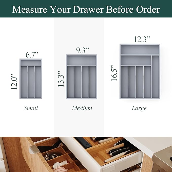 Silverware Organizer, Bamboo Kitchen Drawer Organizer, Utensil Holder, Cutlery Tray & Spoon Flatware Storage with Grooved Drawer Dividers(5 Slots, Grey)