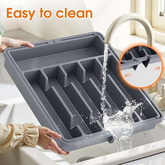 SpaceHacks Silverware Organizer，Adjustable & Expandable Utensil Drawer Organizer, BPA Free Utensil Holder, Cutlery Tray for Forks, Spoons, Knives in Kitchen, Large, Grey