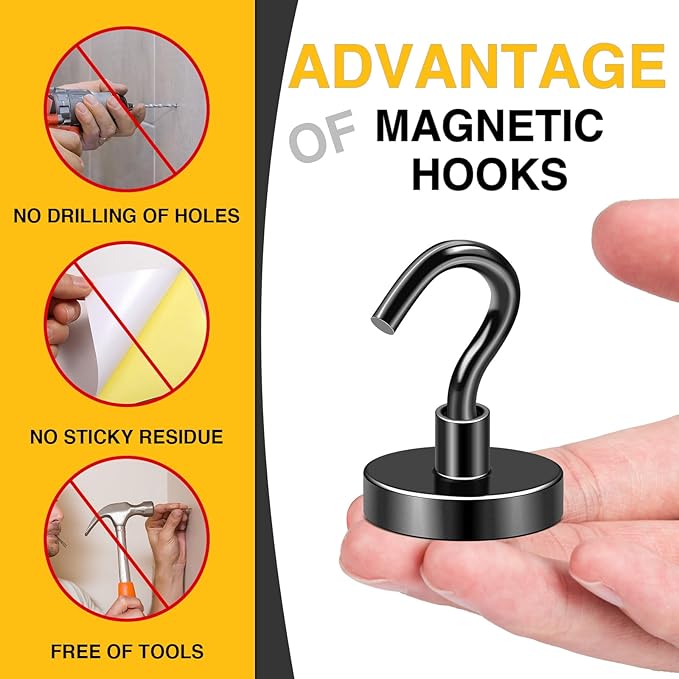 DIYMAG Black Magnetic Hooks, 120 LB Heavy Duty Strong Magnet with Hook, Rare Earth Neodymium Magnetics for Hanging, Magnetism Hanger for Curtain, Home, Kitchen, Workplace, 6 Packs
