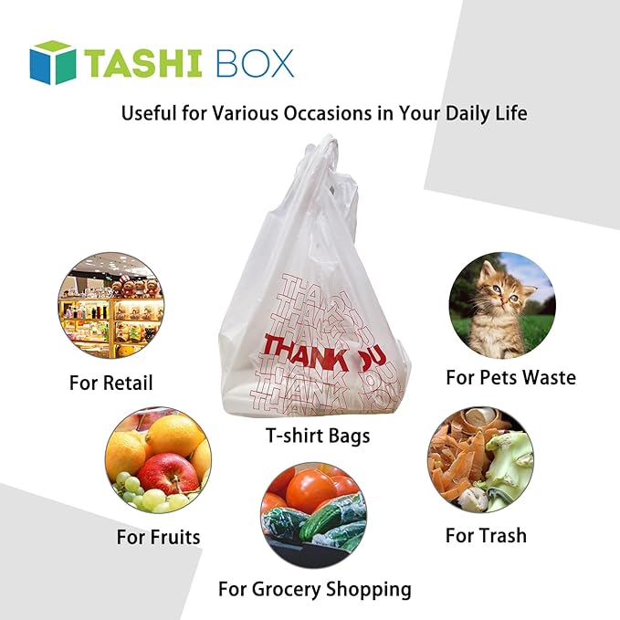 TashiBox [350 Count Thank You plastic bags/T-shirt Bags/Shopping Bags/Disposable Grocery Bags(11.5" X 6.25" X 21") 15mic, 0.6 Mil