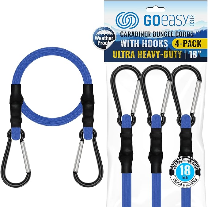 GOEASY0312 Carabiner Bungee Cords with Hooks Heavy Duty - 18" Elastic Bungee Cords with Carabiner Hooks 200 LBS Max Break Strength, UV Resistant for Camping, Tarps, Bike Rack, Tent, Car - 4pcs (Blue)