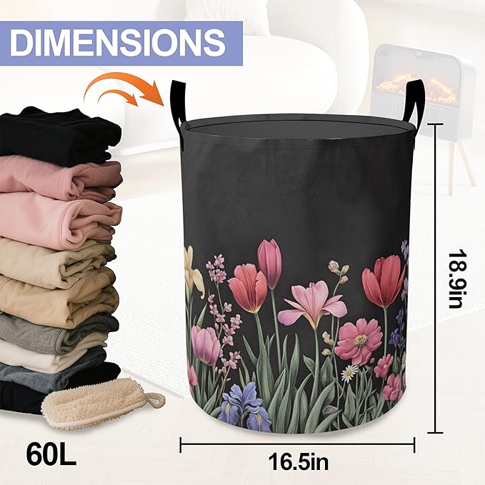 Spring Flowers Laundry Hamper Large Canvas Fabric Lightweight Storage Basket/Dirty Clothes Collapsible Waterproof for College Dorms, Boys and Girls Bedroom,Bathroom
