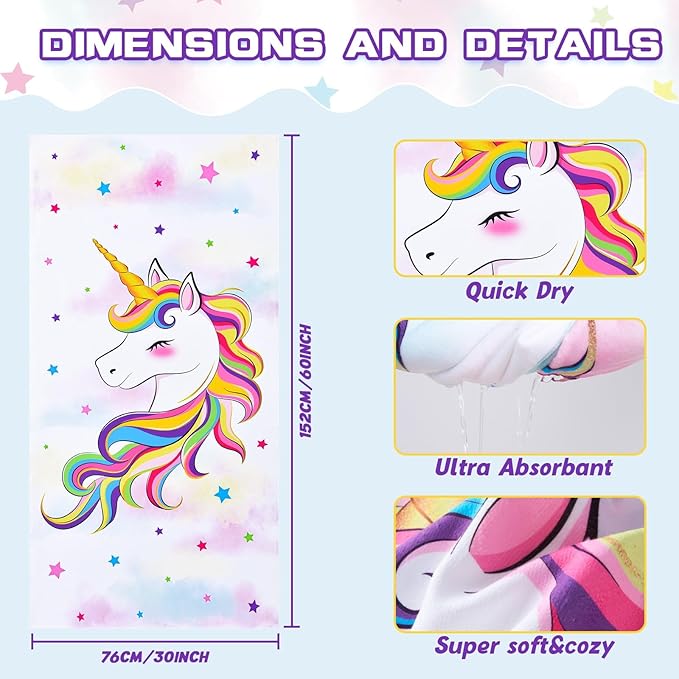 WERNNSAI Unicorn Beach Towel for Girls - 30” x 60” Kids Sand Free Swim Towels for Girls Bath Pool Camping Travel Towel Quick Dry Ultra Absorbent Super Soft Beach Blanket Bath Shower Towel