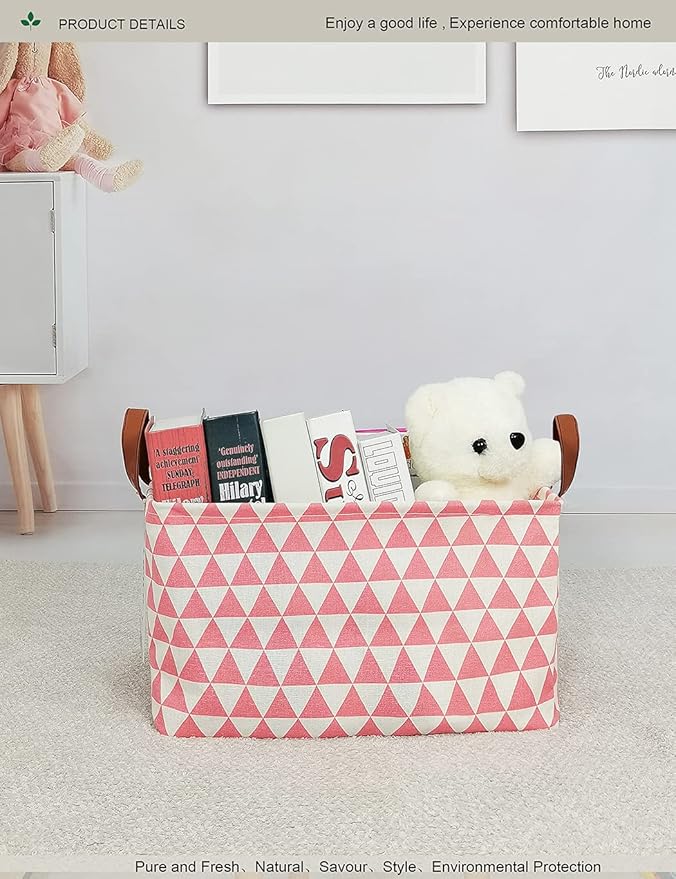 Rectangular Fabric Storage Box, Decorative Basket and Finishing Basket with Handle are Used for The Storage of Clothes, Books and Sundries (Pink Triangle) 1