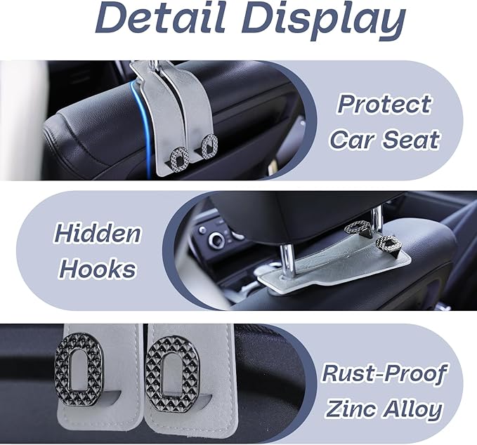 Car Headrest Hooks Universal Car Purse Hook Premium Leather and Alloy Twin Hook Car Seat Back Storage Hanger Hook for Purse Bags Cloth Drink Durable Holder Car Accessories (BH09-Grey-Black-4 Pack)