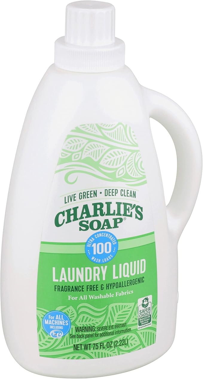Charlie’s Soap Laundry Liquid (100 Loads, 1 Pack) 75.0 Fl Oz Natural Deep Cleaning Hypoallergenic Laundry Detergent – Eco-Friendly, Safe and Effective