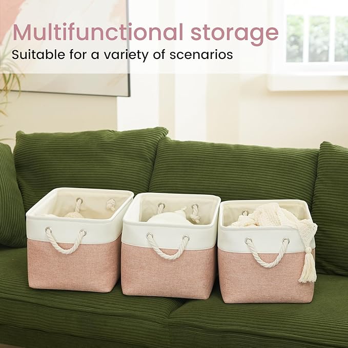 VQRTEXA Large Storage Baskets- 15x11x10 inch Storage Bins for Shelves and Closet Organizing, Foldable Fabric Bin for Home Organization Clothes and Laundry (6-Pack, White&Pink)