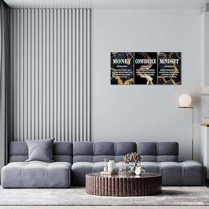 KAWAHONE- Money Never Sleeps, Motivational Canvas Wall Art,Inspirational Poster, Confidence Mindset Wall Decor Framed Inspirational Entrepreneurs Painting Prints Quotes Poster for Office Workplace Ready to Hang