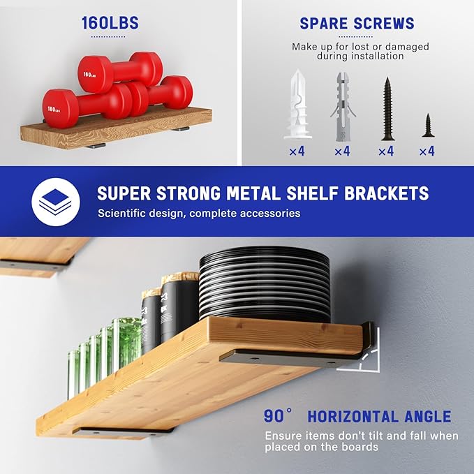Goovilla Shelf Bracket, Heavy Duty Floating Shelf Brackets 8 inch Long, 12 Pack Brackets for Shelves, Black Coated Metal Wall Shelf Support Brackets with 1/5 Inch Thick and 160 lb. Load Capacity