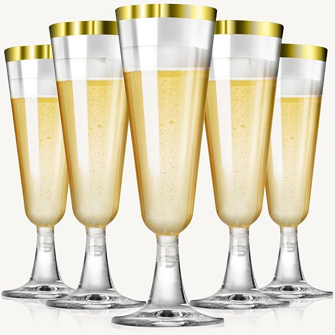 SUREHOME Champagne Flutes Plastic Champagne Glasses Disposable 100 Pack Gold Rim Mimosa Glasses Acrylic Wedding Toasting Cocktail Cups for Graduation Easter Birthday Party Supplies 2026 Decorations