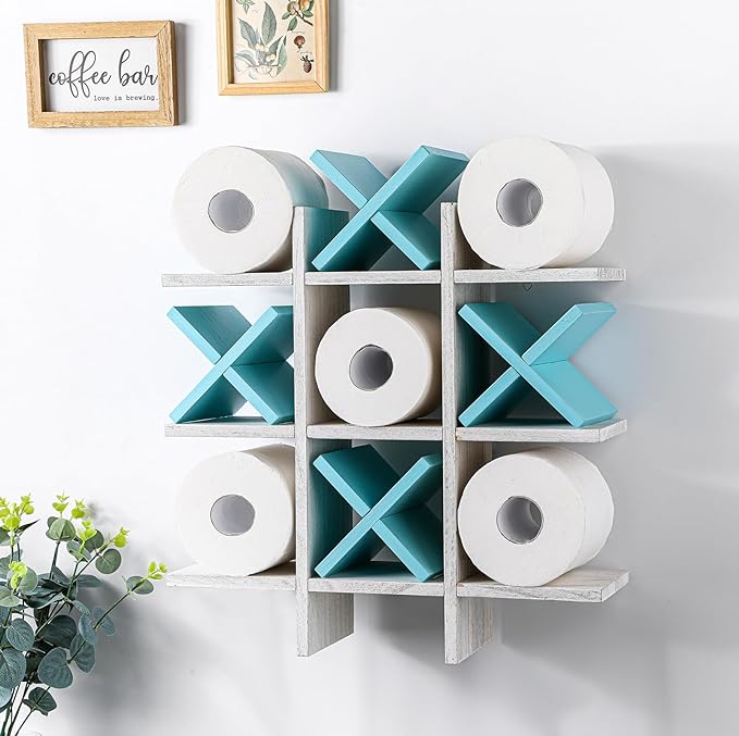 Weysat Tic Tac Toe Toilet Paper Holder Stand Bathroom Wall Decor Rustic Wooden Hanging Storage Freestanding Wall Mounted Shelves Decor for Toilet Tissue Farmhouse