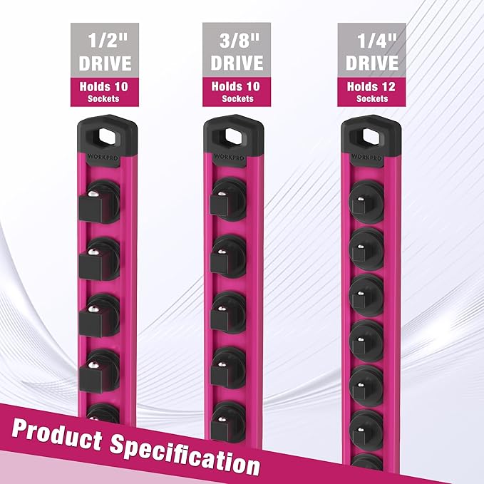 WORKPRO Magnetic Socket Organizer, 3/8-Inch Drive Aluminum Alloy Socket Rail, Heavy Duty Socket Holder, Socket Rack Kit 3/8-Inch x 10 Clips Rose Red (Socket not Included)