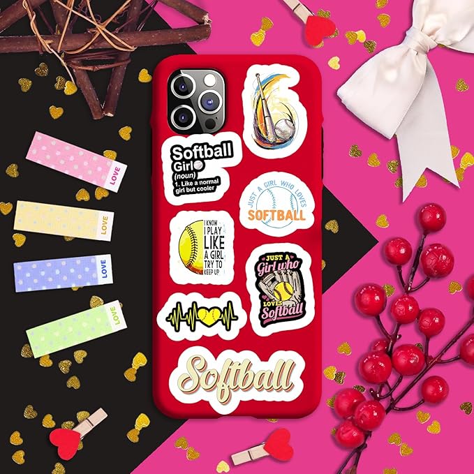 BulbaCraft 100Pcs Softball Stickers for Girls for Water Bottle and Laptop - Softball Party Favors & Decorations, Waterproof Vinyl Decals, Sports and Athlete Stickers, Gifts for Women & Men