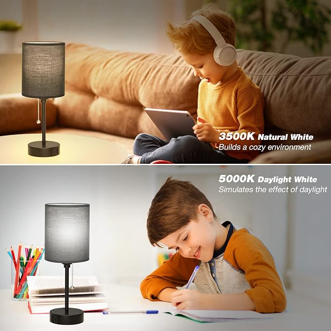 Dicoool Black Bedroom Lamp 3 Color Temperatures - Small Bedside Lamps with USB C and A Ports, Pull Chain Table Lamps with AC Outlet, Black Nightstand Light for Kids Sleeping