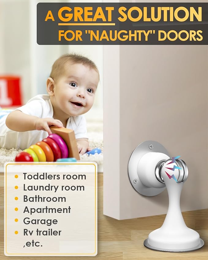 Magnetic Door Stoppers 2 Pack, Door Stops for Wall and Floor Mounting, Door stoppers for Bottom of Door Door Holder Keep Door Open, No Drilling Door Stop with 3D Adhesive Tapes