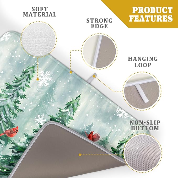 Welcome Winter Pines Tree Dish Drying Mat, Winter Snowflake Dish Drying Mat for Kitchen Counter, Red Birds Absorbent Fast Dry Dish Drainer Mat Protector Xmas Microfiber Dish Drying Pad 16"x18"