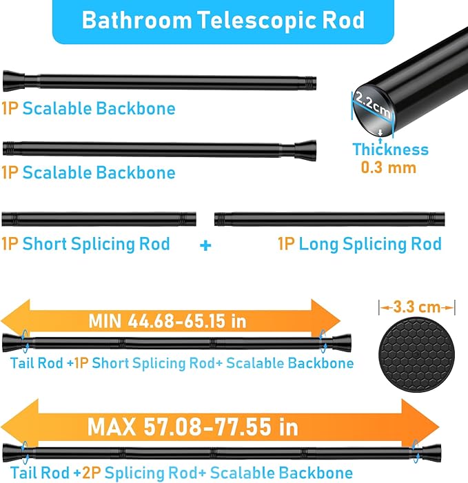 Black Shower Curtain Rod 43 To 73 Inch Tension Shower Rod For Bathroom 7/8" Adjustable Spring Curtain Rod No Drilling Spring Curtain Rod Black Tension Curtain Rods for Windows Doorway Closet