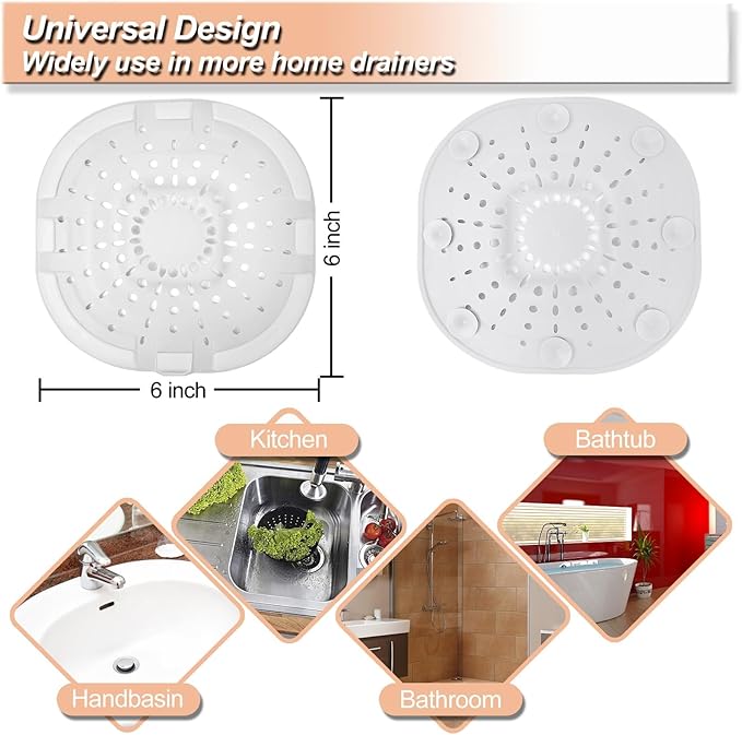 Hair Drain Catcher, Square Drain Cover for Shower, Strong Adhesion Silicone Hair Stopper with Suction Cup, Easy to Install, Suitable for Bathroom, Bathtub, Kitchen, 2 Pack (Jet Black & White)