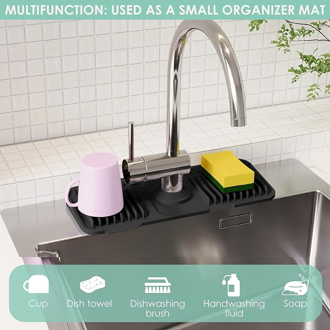 14.6 Inch Silicone Faucet Mat for Kitchen Sink Splash Guard - 7° Slope Water Draining Mat With Fasten Button for Bathroom Area (Black, 14.6''x5.5'')
