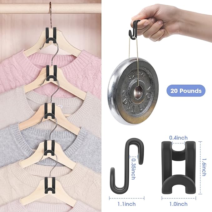 Besslly 100Pcs Space Saving Hanger Hooks, Plastic Clothes Hanger Connector Hooks, Heavy Duty Space Saver Hanger Extender Clips for Closet Organizers, Black