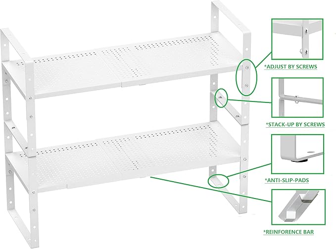 Wobmmi Expandable Shoe Rack Stackable Metal Pantry Storage Shelves Stand Adjustable Height Cabinet Shelf Organizer Racks Spice Shelving(2PACKS/WHITE,MEDIUM)