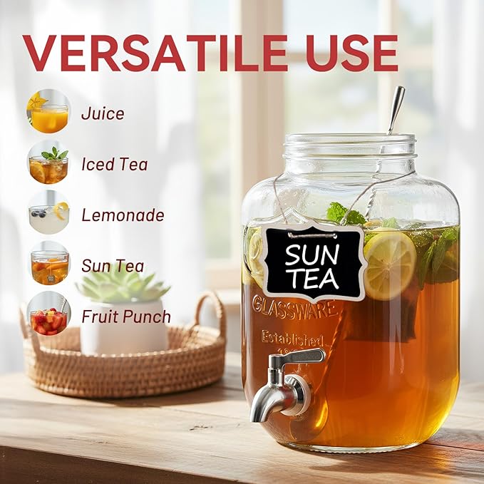 KIKCOIN 1 Gallon Glass Drink Dispensers for Parties, 2 Pack Leakproof Beverage Dispenser with Stand & 18/10 Stainless Steel Spigot & Filter -for Lemonade, Juice, Sun Tea, Punch- ALL DISHWASHER SAFE