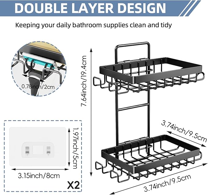 Soap Holder, Double Bar Soap Holder Shower Stainless Steel, Soap Dish for Shower Wall with Hooks and Razor Holders, Soap Tray Self Adhesive for Bathroom Bathtub Accessories Organizer