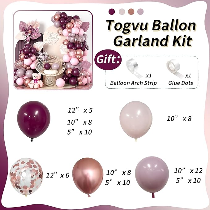 Burgundy Pink Balloon Garland Arch Kit, Burgundy Ruby Red Dusty Purple Pastel Pink Metallic Rose Gold Confetti Balloon Arch Kit for Women Girls Birthday Wedding Baby Bridal Shower Party Decorations