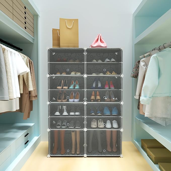 HOMICKER Shoe Rack Organizer, 32 Pair Shoe Storage Cabinet with Door, Expandable Plastic Shoe Shelves for Closet, Heels, Boots, Slippers, 8 Tier