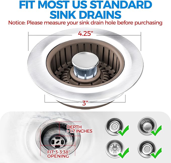 Upgraded 3-in-1 Kitchen Sink Drain Strainer & Sink Stopper, Stainless Steel Kitchen Drain Plug & Cover with Anti-Clogging Basket Strainer, Fits US Standard 3-1/2'' Sink Drain Hole, Brown