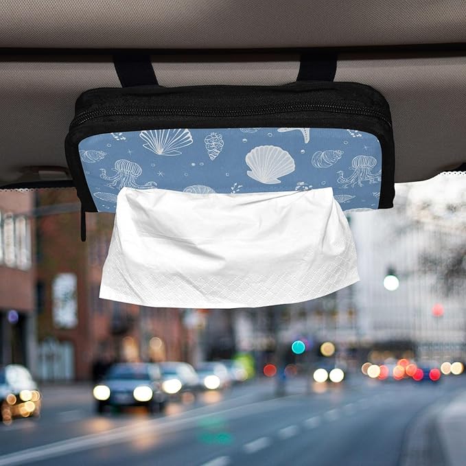 Car Tissue Holder Car Napkin Holder Car Tissue Box Dispenser Storage Case Sun Visor Mask Holder with Adjustable Straps Reusable Refillable Simple Seashells Starfish Blue
