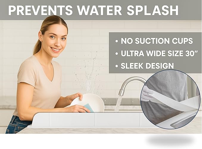 30 inch (75cm) Premium Kitchen Sink Silicone Water Splash Guard SIZE UPGRADE 30" and new package - NO Suction Cups, Ultra Wide 30" - Made in Korea (Ultra Wide Eco White)