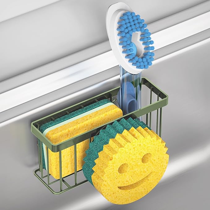 Sponge Holder Smiley Face, Sink Caddy, Sink Organizer with 2 Suction Cups/1 Adhesive Strips, Designed for Sponge, Soap, Dish Brush, Scrubber - Green