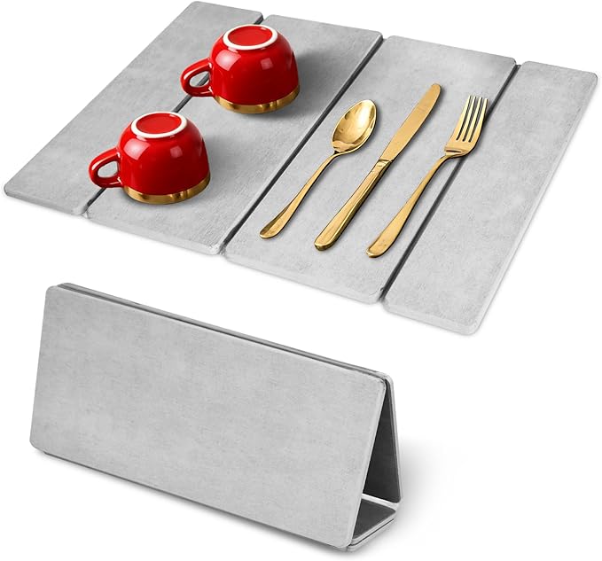 Stone Dish Drying Mat for Kitchen Counter，24x16 Collapsible Diatomaceous Earth Mats， Quick Drying Absorbent Dish Mat,Non-Slip Countertop & Bath Mat for Dishes Cups Bottles,Light Gray