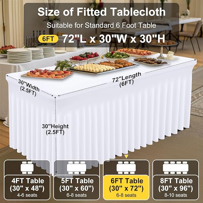 Smiry Spandex Tablecloth 3 Pack, Elastic Fitted Stretch Tablecloth for 6FT Rectangle Tables, Waterproof Washable Table Cover Skirt for Outdoor, Wedding, Banquet & Parties (White, 72Lx30Wx30H Inch)