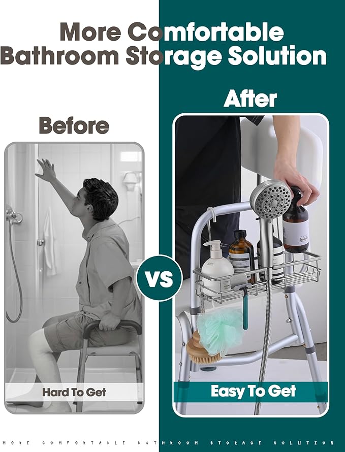 OrgCreator Rustproof Hanging Shower Caddy for Shower Chair, Stainless Steel Bathroom Basket for Bath Chair Bench,Showers Caddy Chair, Shampoo Bottle Holder for Elderly, Pregnant, Handicap, Patient