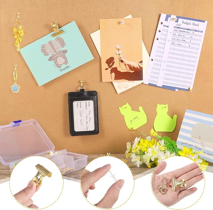310 Pcs Gold Push Pins Set Thumb Tacks Decorative Push Pins for Cork Board with Push Pin Hook Pushpin Clip 5 Style Office Accessories for Cork Board Map Office (Gold)