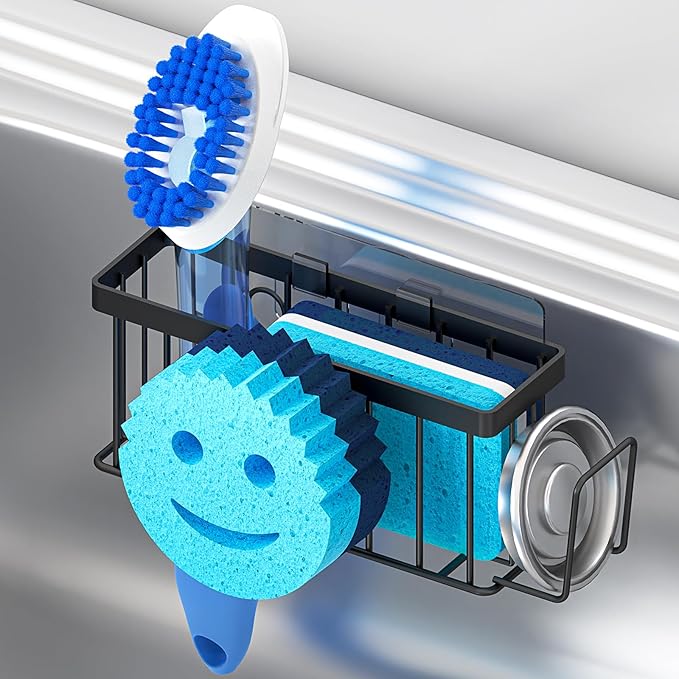 Sponge Holder for Kitchen Sink, Sink Caddy Smiley Face, 4-in-1 Sponge Holder with Suction Cups & 1 PC Adhesive Strip for Holding Soap, Brush, Scrubber, Sponge, Stopper - Black