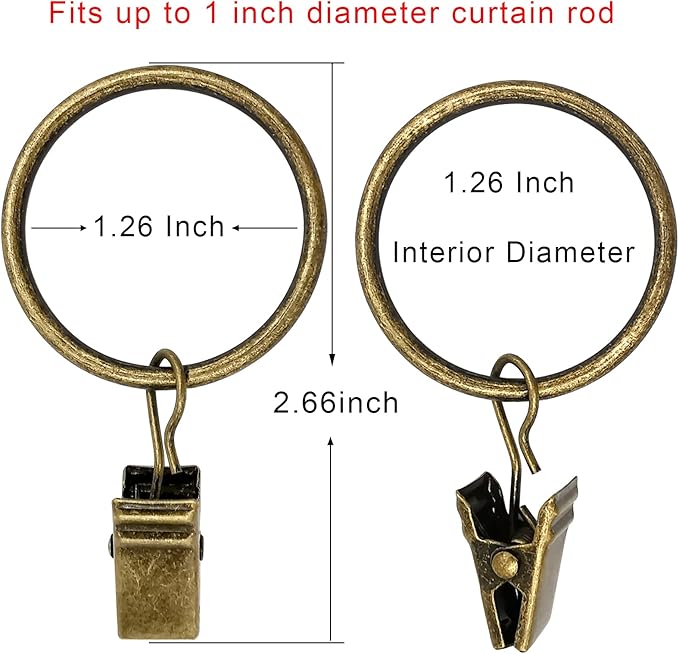 100 Pack Curtain Rings with Clips, Drapery Clips with Rings, Drapes Rings 1.26 in Interior Diameter, Fits up to 1 in Curtain Rod, Bronze