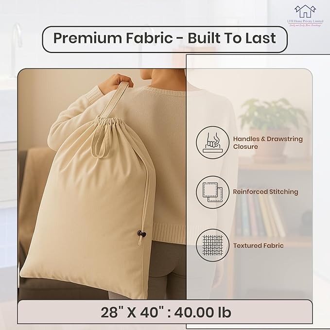 LFH Home Large Premium 100% Cotton Canvas Laundry Bag with Drawstring and Handles Heavy Duty, Multi-Use, and Washable for Home, Travel, College or Storage 28x40 (Pack of 4)-Natural
