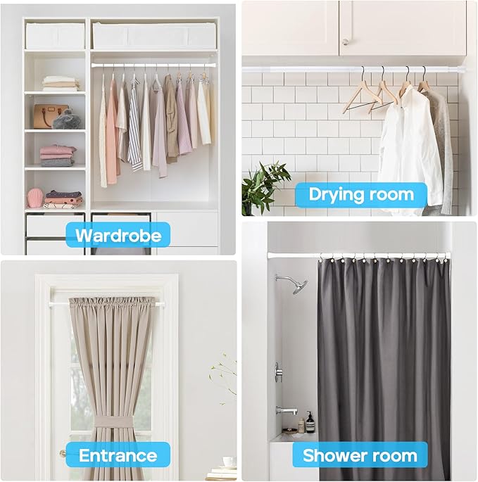 2Pack White Shower Curtain Rod 45 to 77 Inch, Shower Rods for Bathroom, Spring Tension Curtain Rod No Drilling for Windows Doors Closet Kitchen Wardrobe