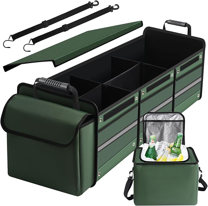 Snuopfy Car Trunk Organizer, 115L Heavy Duty Collapsible Trunk Storage, with Insulated Leakproof Cooler Bag Vehicle Cargo Organizer with Lid, 3 Compartments, Straps For Car, SUV, Jeep, Sedan - Green