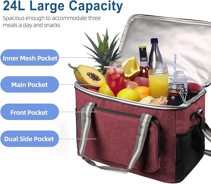 iknoe Large Collapsible Cooler Bag, 24L Insulated Bags, Leakproof Lunch Cooler Tote with Multi-Pockets for Adult Insulated Thermal Bag for Beach, Picnic, Office Work, Claret 36-Can