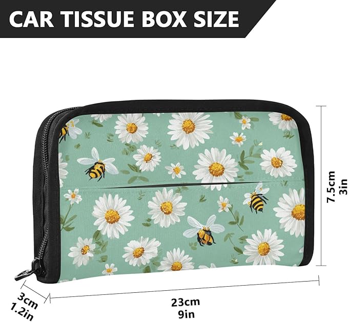 Car Tissue Holder Car Napkin Holder Car Tissue Box Dispenser Storage Case Sun Visor Mask Holder with Adjustable Straps Reusable Refillable Mint Green Daisy Flowers and Bees