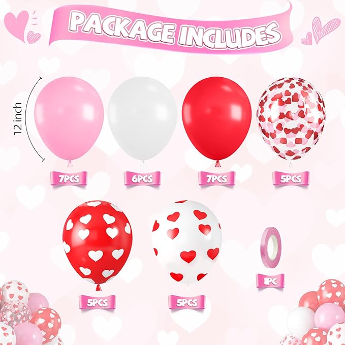 Pink Red Balloons, Red Pink Heart Printed Balloons, Heart Confetti Balloon For Valentine's Day Birthday Baby Shower Party Wedding Bachelorette Anniversary Celebration Bridal Shower Decorations