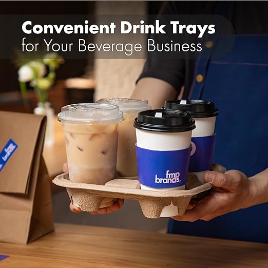 FMP Brands 4 Cup Disposable Drink Carrier Trays, 45 Pack Compostable Pulp Fiber Cup Holder for 8-32 oz Cups, Durable To Go Coffee Cup Holders for Delivery Service, Uber Eats