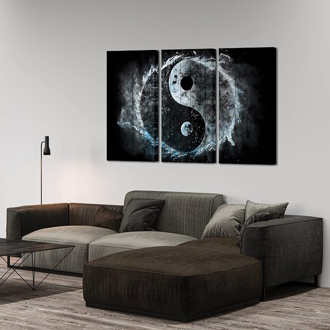 Biuteawal 3 Panel Wall Art Yin Yang Symbol on Wood Backgroud Picture Traditional Chinese Culture Art Prints Black White Blue Painting Retro Artwork Home Office Living Room Bedroom Decor Gallery