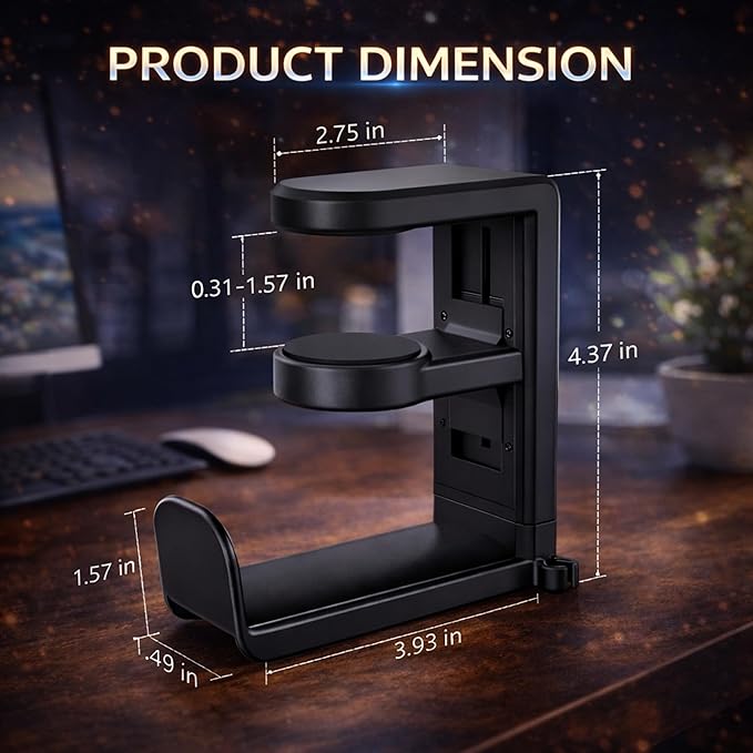 EURPMASK Rotating Headphone Stand - PC Gaming Headset Holder, Adjustable Clamp-on Under Desk Hanger With 360 Degree Swivel & Cable Clip Organizer - Black